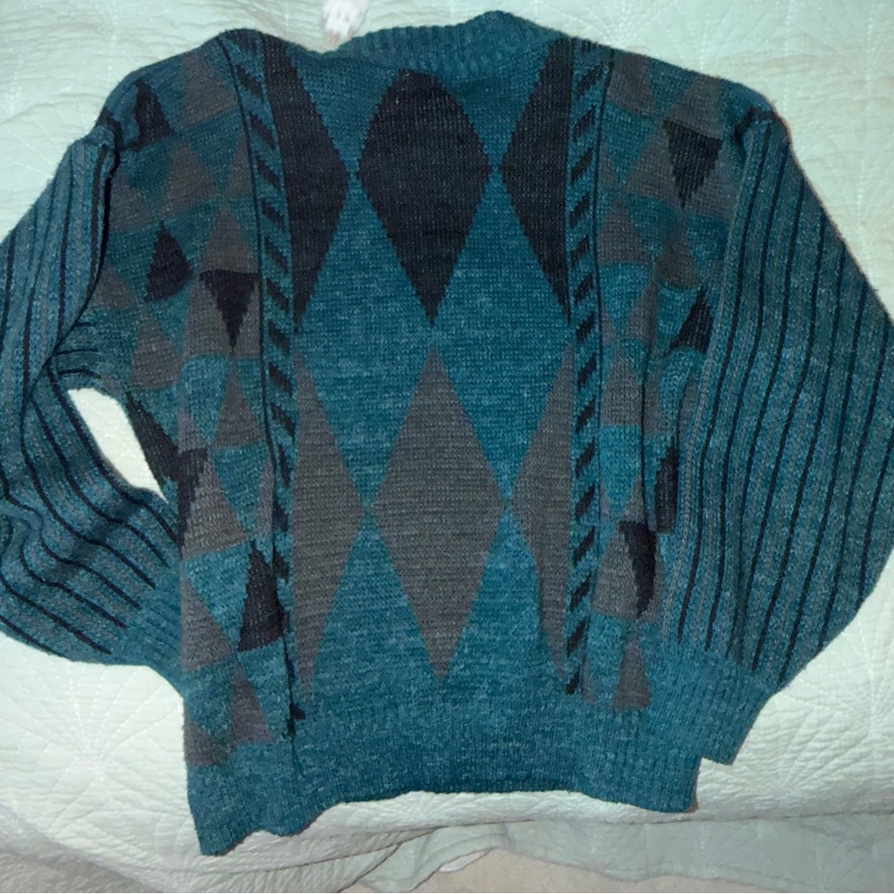 Argyle Teal And Black Patterned Wool Vintage Swea… - image 1